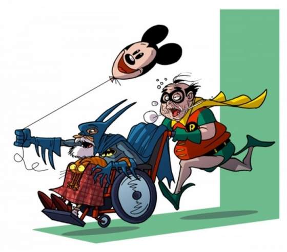 Le vieux Robin pousse son collègue et vieux Batman,,, dans son fauteuil roulant, un ballon de Mickey à la main